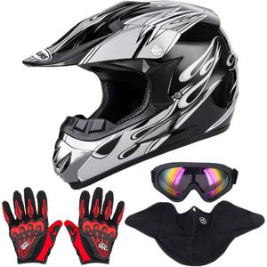 Adult Motocross Dirt Bike Helmet with Goggle, Gloves & Mask - DOT/FMVSS-218 Off-Road Motorcycle & ATV Helmet with Adjustable Sun Visor (Medium, New Black Flame)