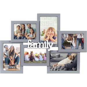 Malden International Designs 4x6 3.5x5 6-Opening Dimensional Gray Collage with Family Word Attachment Photo Wall Frame (9183-60)