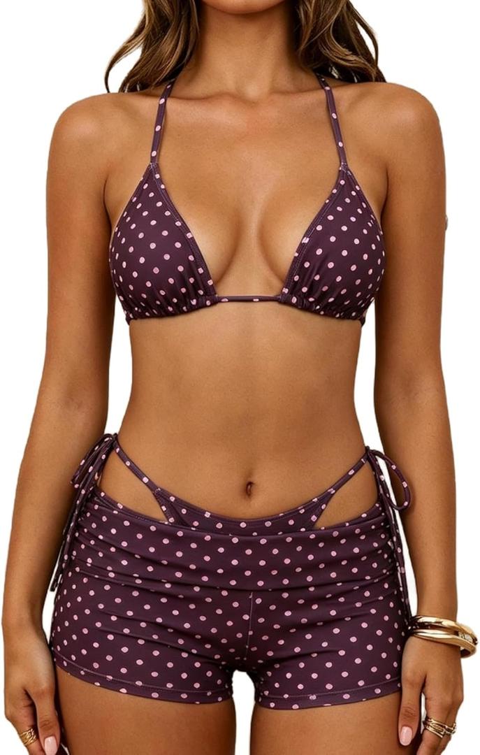 MakeMeChic Women's Polka Dots Triangle Bikini Sets Swim Shorts Y2K Leopard Striped Bathing Suit Swimsuit Small