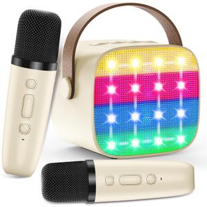 Bluetooth Karaoke Machine Toy for Kids- Mini Karaoke with 2 Wireless Microphone, Voice Changer & LED Lights, Portable Karaoke Mic for 3-8 Year Old Girls, Great for Birthday Home Party (Cream-coloured)