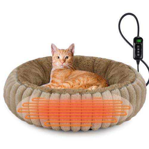 INVENHO Heated Cat Beds for Indoor Cats and Small Dogs, 20" Cozy Donut Heated Pet Bed with Timer & Temp Adjustable, Removable Waterproof Electric Warming Bed for Indoor Cat
