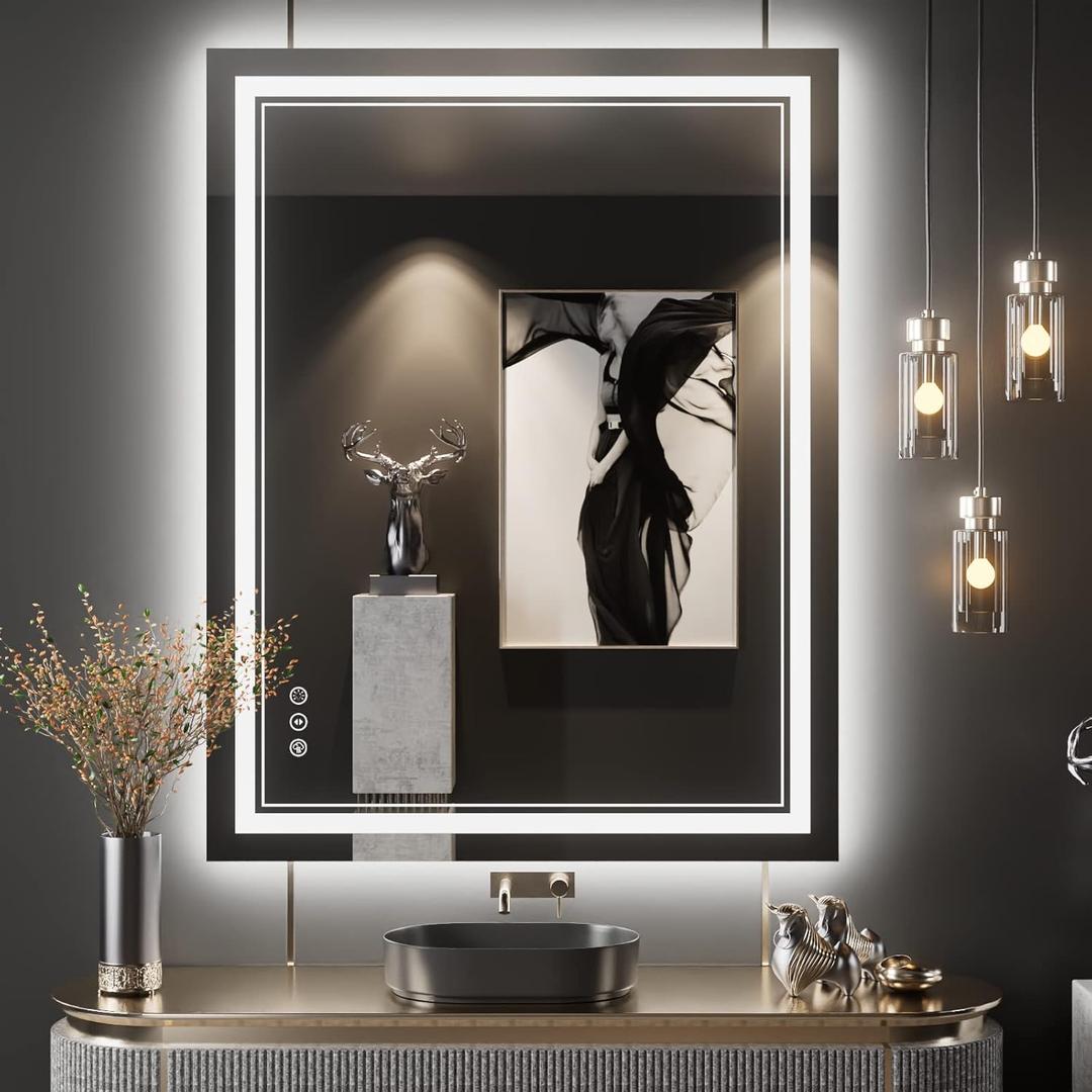 28x36 Inch LED Bathroom Mirror with Lights, Front and Backlit,Anti Fog Dimmable Lighted Bathroom Vanity Mirror, Shatterproof Led Mirror for Bathroom (28"L x 36"W, Frameless With Light)