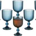 Blue Vintage Wine Glasses Set of 6, 11 Ounces Colored Glass Water Goblets, Unique Embossed Pattern High Clear Stemmed Glassware Wedding Party Bar Glass Drinking Cups Fancy Glasses Vertical Line