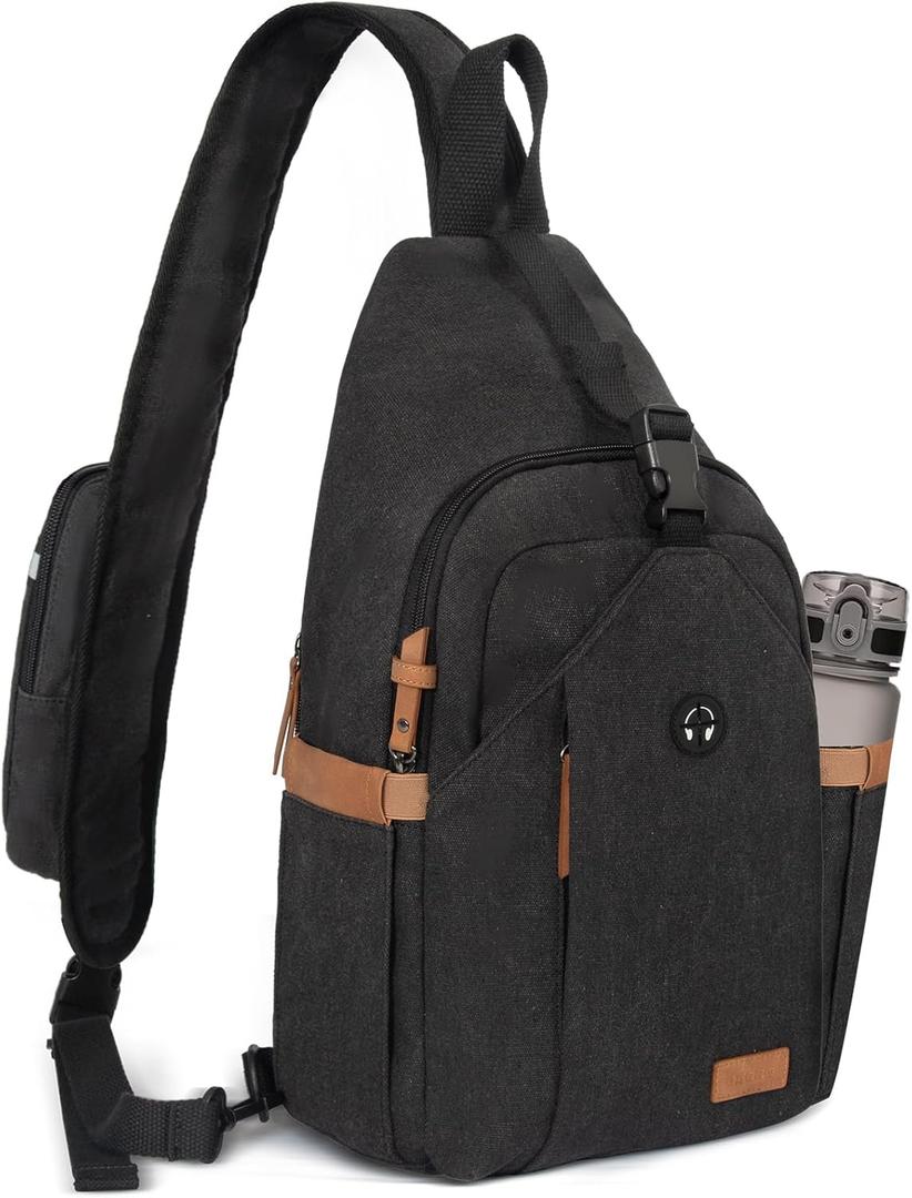 Sling Bag for Men, Large Crossbody Bag Men with Anti Theft Tunnel Lock Zipper Canvas Sling Backpack for Travel Hiking, Small, Black 