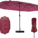 DUMOS 15FT Large Patio Umbrella with Base Included, Heavy Duty Extra Wide Outside Umbrella with 12 Ribbed Bars, Rectangle Outdoor Table Umbrella for Patio, Backyard, Pool, Deck & Garden, Red
