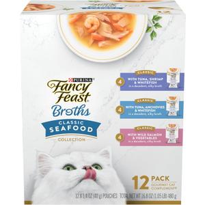 Purina Fancy Feast Lickable Wet Cat Food Broth Complement Classics Collection Variety Pack - (Pack of 12) 1.4 oz. Pouches (EXP 01/01/28)