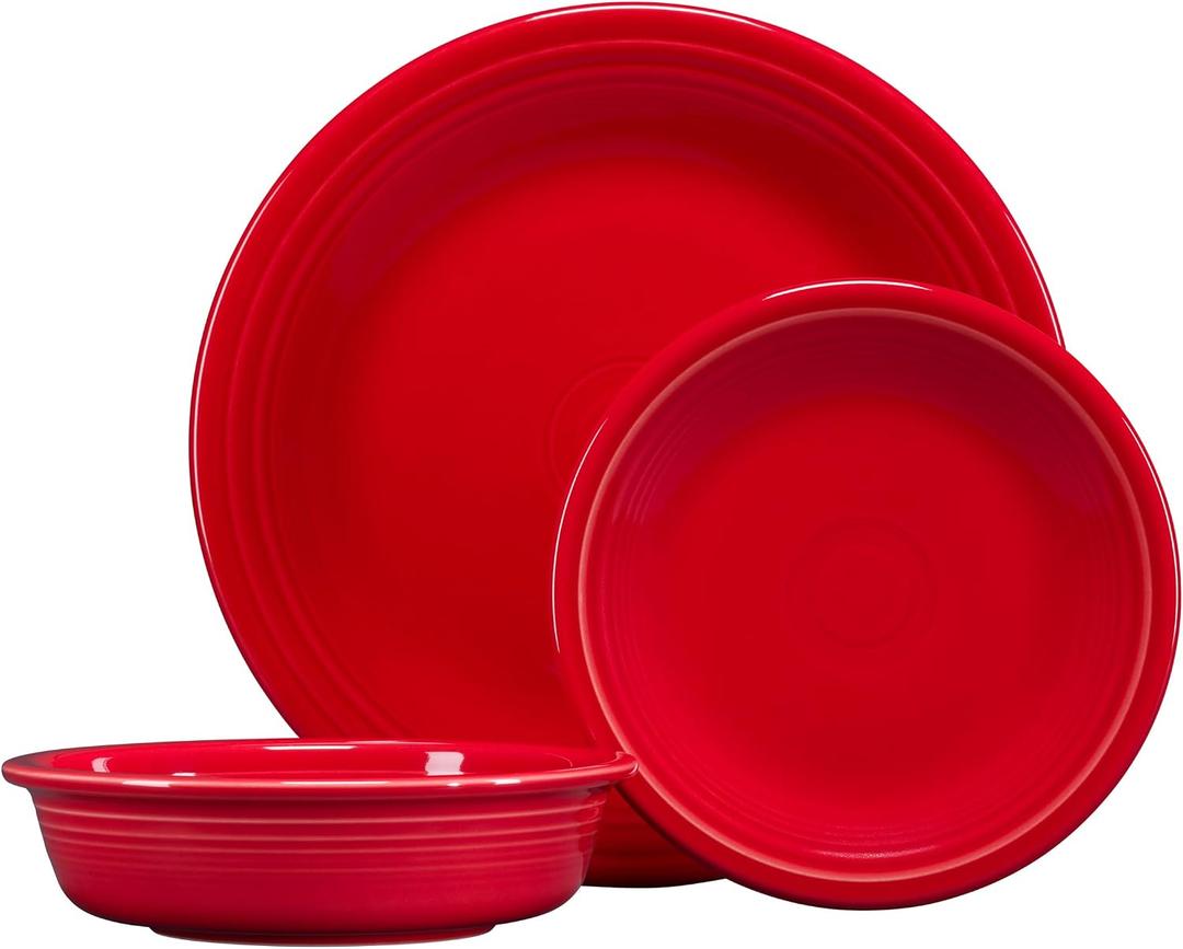 Fiesta Classic Rim 3-Piece Dinnerware Set Durable Ceramic, Lead-Safe, Dishwasher/Microwave/Oven Safe Made in USA Dinnerware - Scarlet