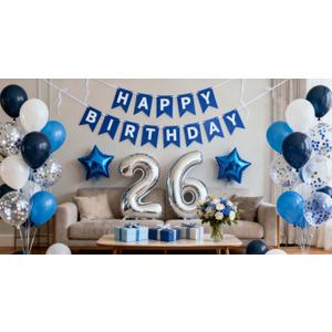 26th Birthday Party Decoration Blue for Men, Happy Banner Star Foil Balloons Latex Confetti Supplies - Number 26 for Him 26 Years Old