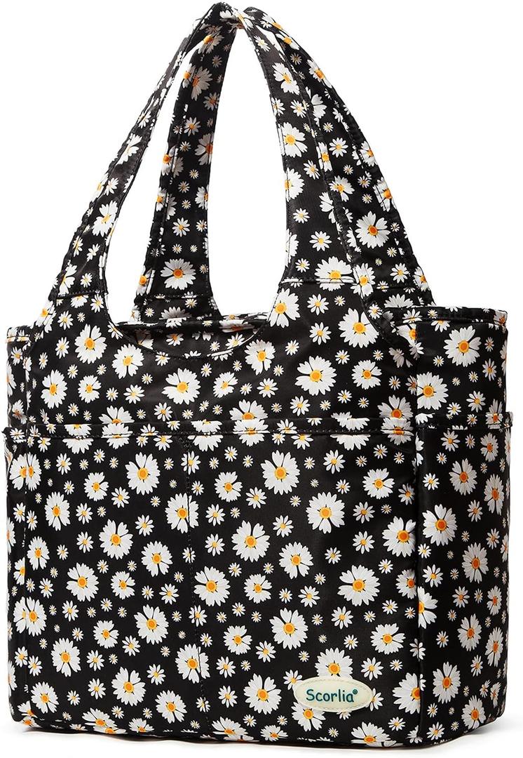 Scorlia Insulated Shoulder Bag, Extra Large Lunch Tote Handbag, Durable Reusable Cooler Ladies Lunch Box Bag with Side Pockets, Tall Drinks Holder for Women Men Work, Black with White Flower (Chrysanthemum)