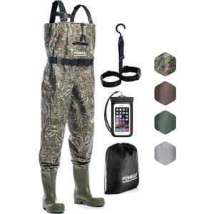Foxelli Chest Waders Waterproof 2-ply Nylon/PVC Camo Hunting Fishing Waders for Men and Women with Boots 14