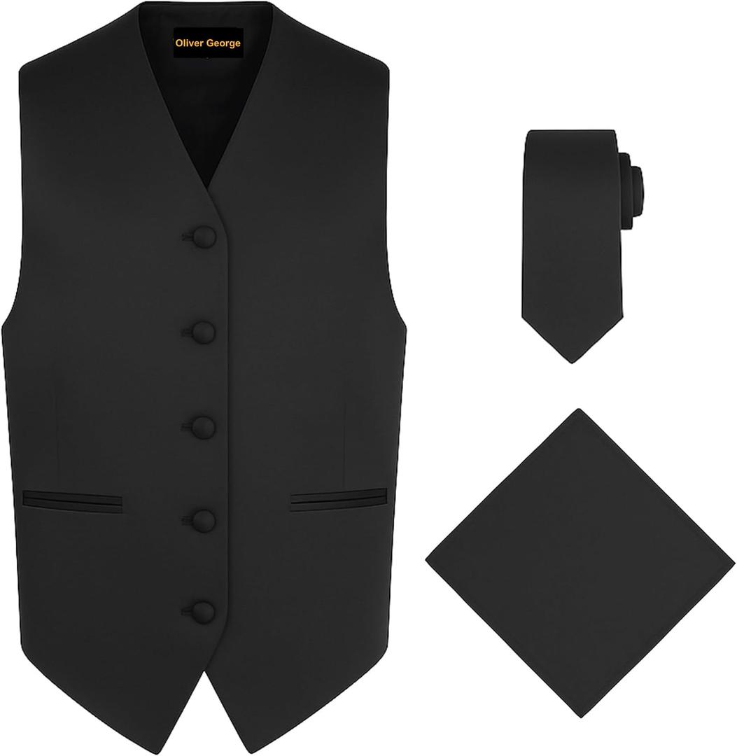 Oliver George 3pc Men's Solid Formal Suit Vest Waistcoat Tuxedo Dress Vest Necktie Handkerchief Set For Suit or Tuxedo M 