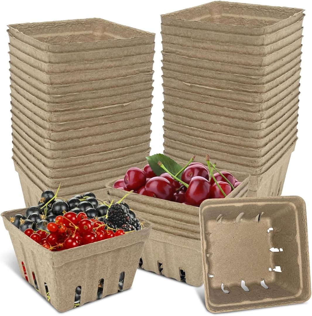 30 Pcs Natural Pulp Fiber Berry Basket, Molded Berry Basket Produce Vented Container for Strawberry Blueberry Raspberry and Vegetable Small Farmer Market Grocery Stores, Backyard Party 4.3x4.3x2.8inch