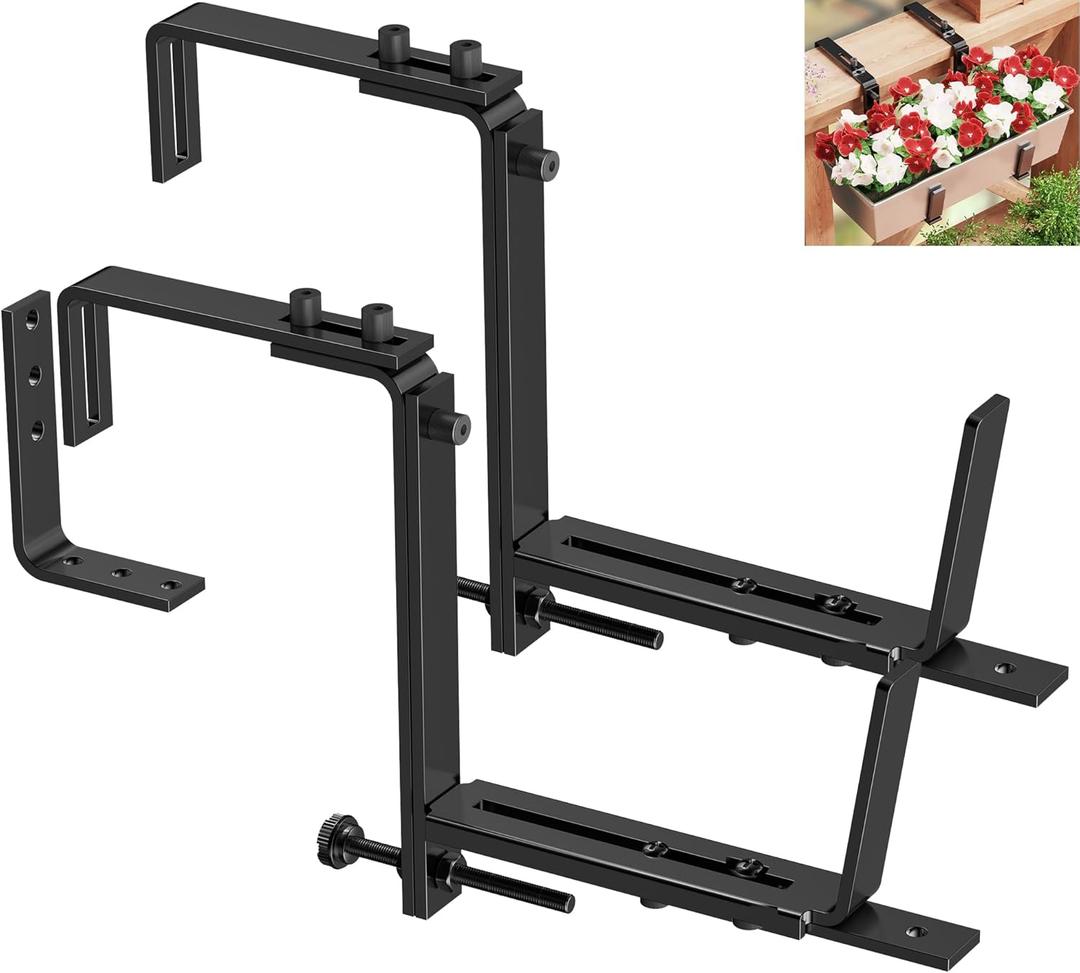 Y&M 2 Pcs Deck Railing Adjustable Planter Box Brackets (6 to 12.5 in), Universal Window Box Brackets, Heavy Duty Iron Flower Box Wall Mounting Hooks for Balcony, Fences, Patio, and Garden - Black