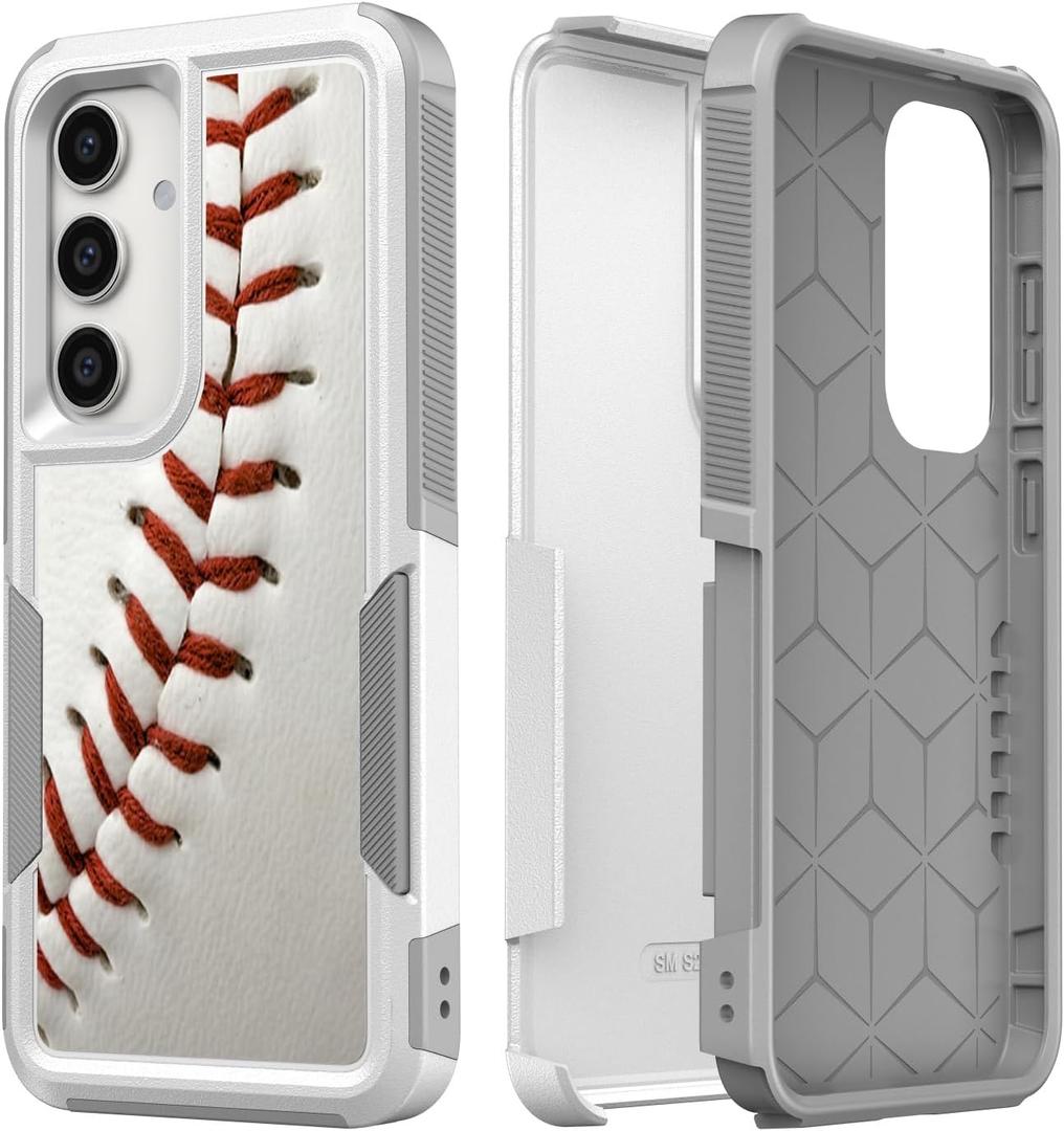 For Galaxy S25 +, Unique Pattern Shock-Absorption Hard PC and Inner Silicone Hybrid Dual Layer Armor Defender Case for Samsung Galaxy S25 Plus (Baseball Sports) White