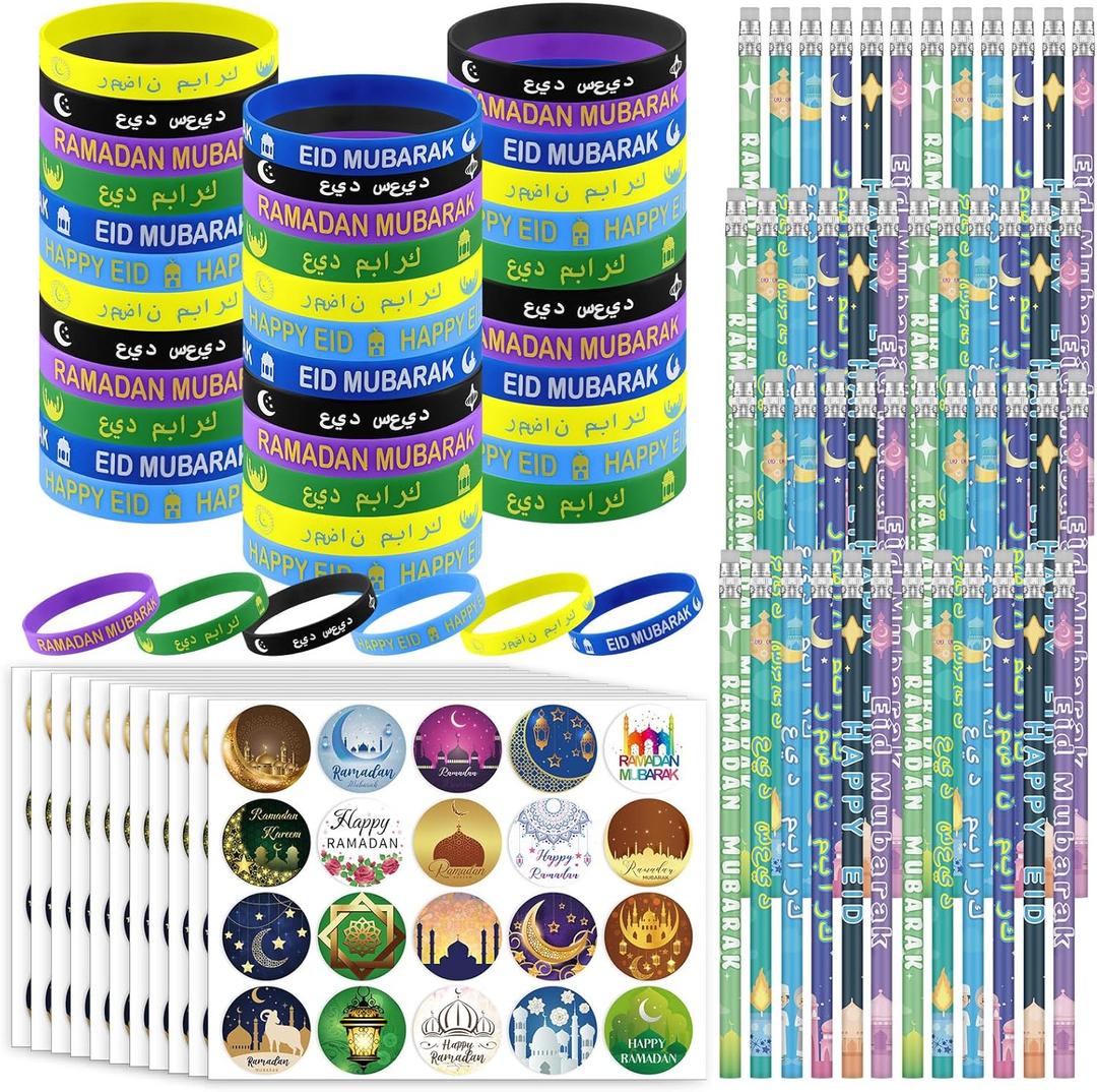 Mooliwe 496 Pcs Ramadan Gifts Eid Ramadan Pencil Wristband Sticker Set Including 48 Pencil 48 Wristband 400 Sticker for Mubarak Party Decorations Gifts(Fashion)