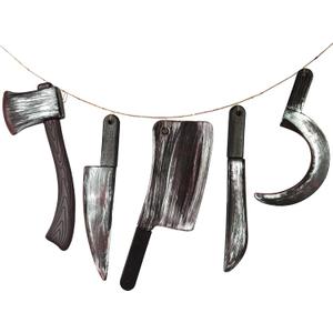 JOYIN 5 Pcs Hanging Halloween Bloody Knife Decorations Indoor, Fake Knife Plastic Fake Knives Weapon, Party Decor Haunted House Fake Blood, Machete Axe Cleaver Sickle for Scary Yard Porch