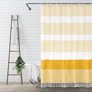 Awellife Boho Yellow Shower Curtain for Bathroom Farmhouse Cotton Stripe Tassel Shower Curtain Natural Texture 72" L x 60" W