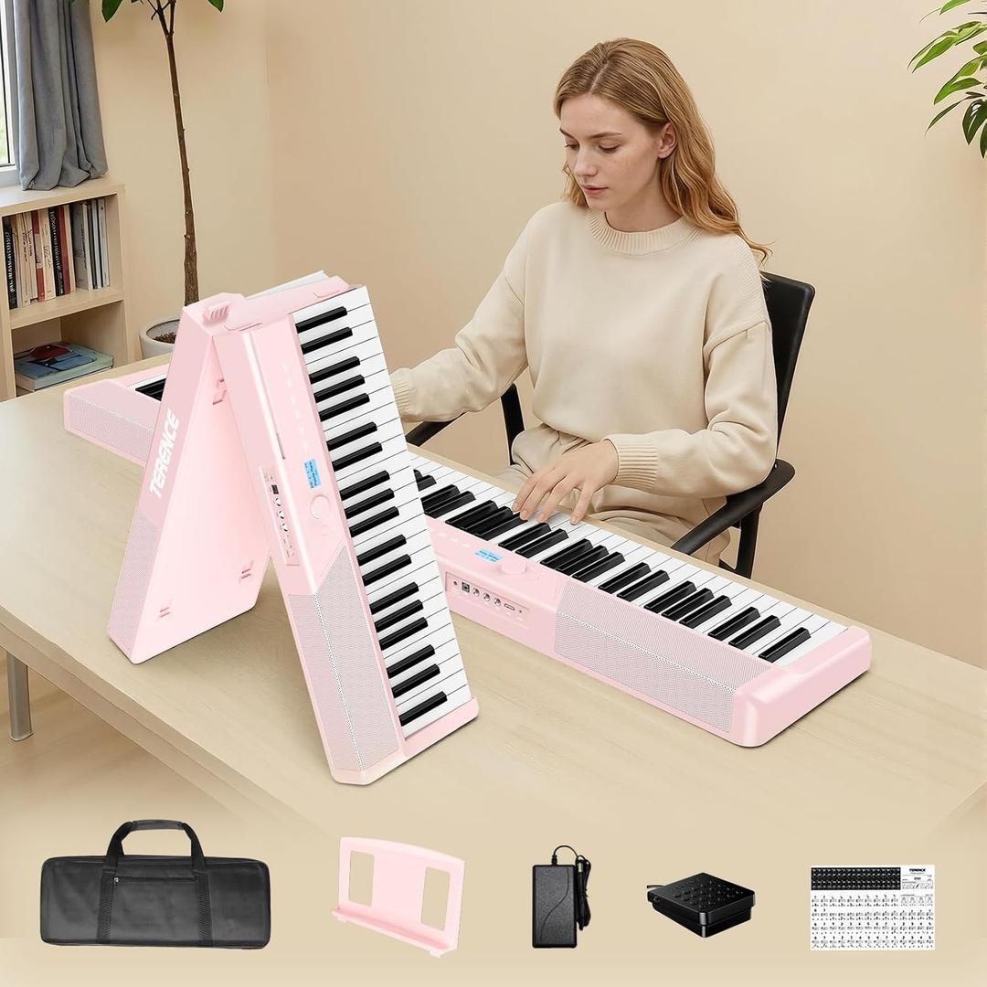 TERENCE V50 Portable 88 Key Weighted Keyboard,Upgraded Foldable Keyboard Piano 88 Keys with 2*15W Speakers,Touch-Sensitive Panel,Video&Audio Recording,MIDI,Pedal Support for Beginners&Advancer(Pink)