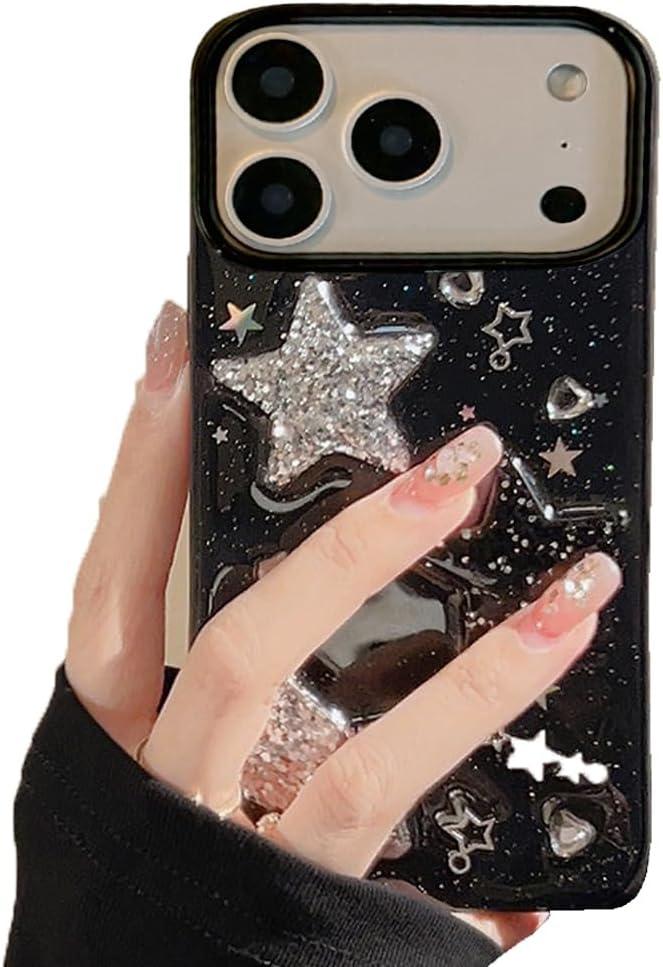 for iPhone 17 Pro Max Case Bling Stars 3D Hearts Diamond Twinkle Star Glitter Y2K Spark Luxury Girly Aesthetic Personalized Design for Women Girls Teens TPU Case, 6.9", Black