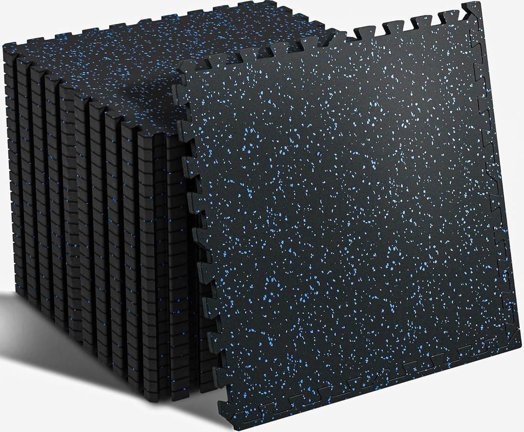 SUPERJARE 0.56'' Thick 12 Pcs 48 Sq Ft Rubber Top Exercise Equipment Mats, High Density EVA Foam Mats with Rubber Top, Interlocking Gym Flooring for Home Gym, Protective Workout Mat, Black/Blue