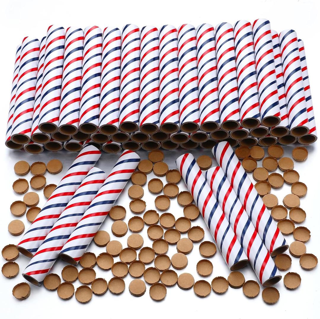 Faccito 50 Pcs Red White Blue Firework Tubes 1 x8 x3/25 Stick Fireworks Pyro Cardboard Tubes and End Plugs for Patriotic 4th of July Party Favors Birthday Wedding Decor