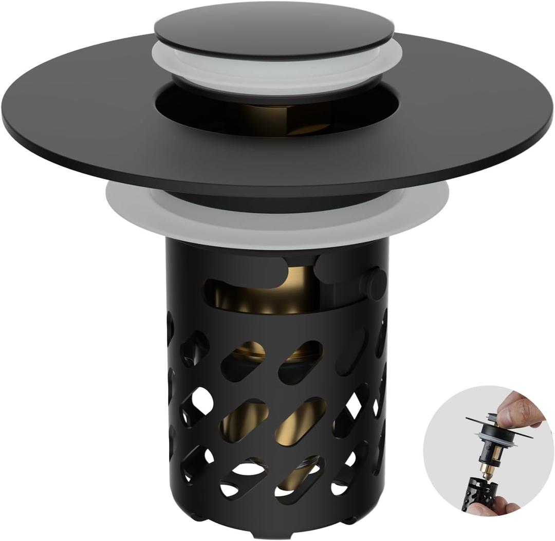 iFealClear All Metal Bathroom Sink Stopper, Pop Up Sink Drain Strainer with Removable Stainless Steel Filter Basket, Universal for 1.1"-2.36" US Sink, Brass Bounce Core, Hair Catcher, Matte Black
