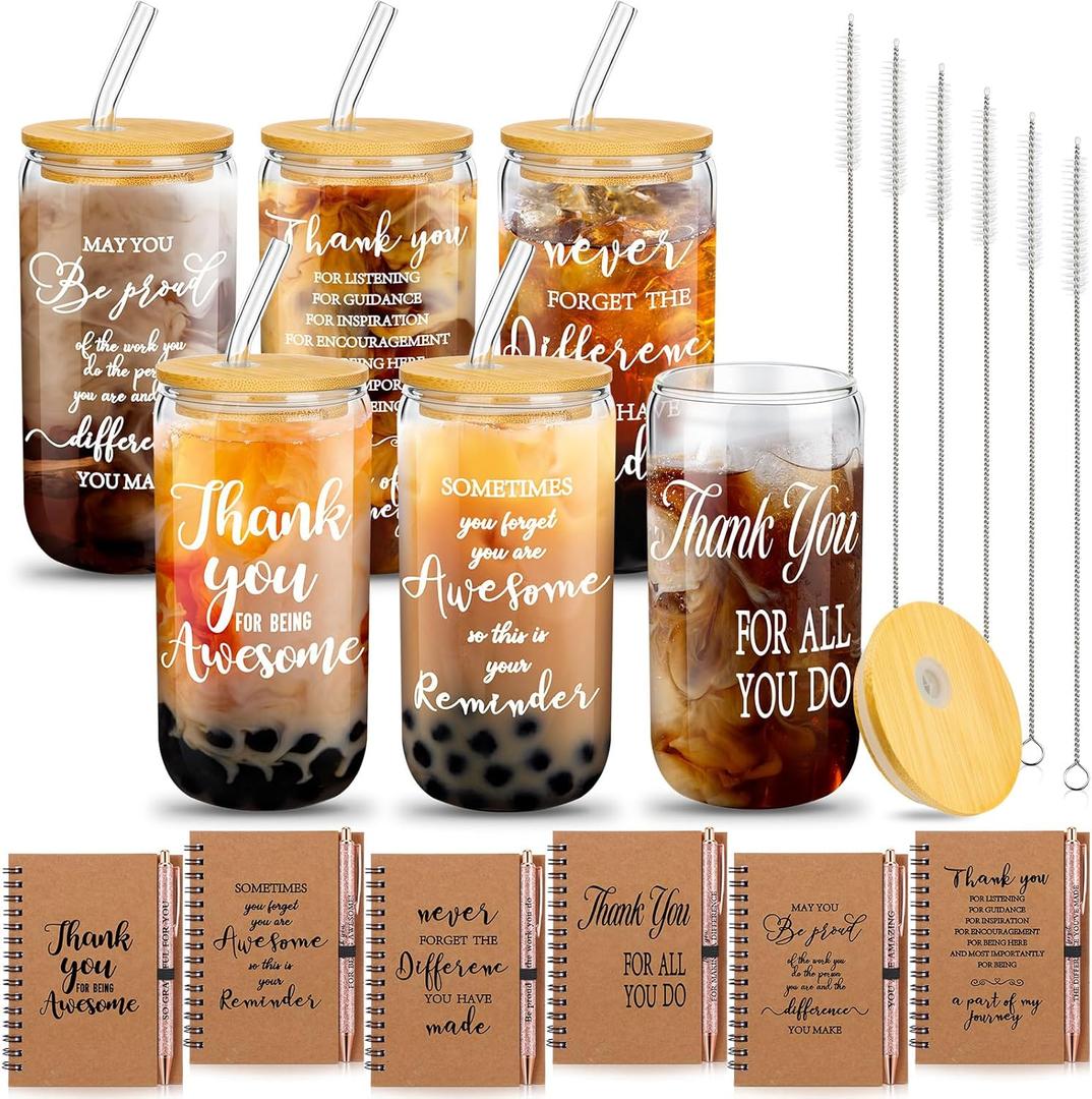 18 Pcs Valentine's Day Teacher Employee Appreciation Gifts Thank You Volunteer Coworker Staff Team Galentines Party Favors Notebook Ballpoint Pen Glass Cup with Lid and Straws(Be Proud)