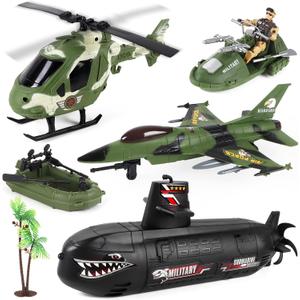 deAO Submarine Toy Army Men Action Figures with Military Vehicles - Helicopter, Boat, Aircraft Playset for Boys Age 3-9