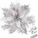 GREENTIME 12 Pcs Glitter Poinsettia 5.5" Artificial Flowers Christmas with Clips Stems Xmas Tree Ornaments for New Year Party Stairs Fireplace Porch Balcony Garden Church Wreath Decoration (Silver)