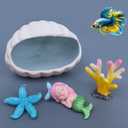 Ocean Theme Aquarium Decor 4-Piece Set: Ceramic Shell Cave, Resin Coral & Starfish, Cute Mermaid Figurine - Hideout & Ornament for Betta Fish, Shrimp, Small Fish Tank