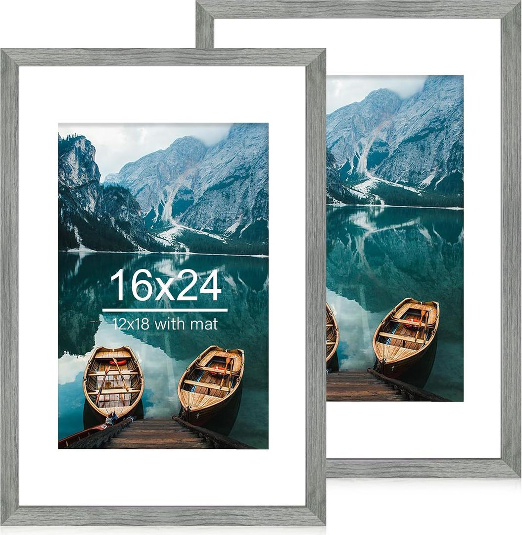 Hongkee 16x24 Frame Set of 2, Rustic Grey Wood Style - Display 16 x 24 Picture without Mat or 12x18 Picture with Mat, Wall Mounting Horizontal and Vertical