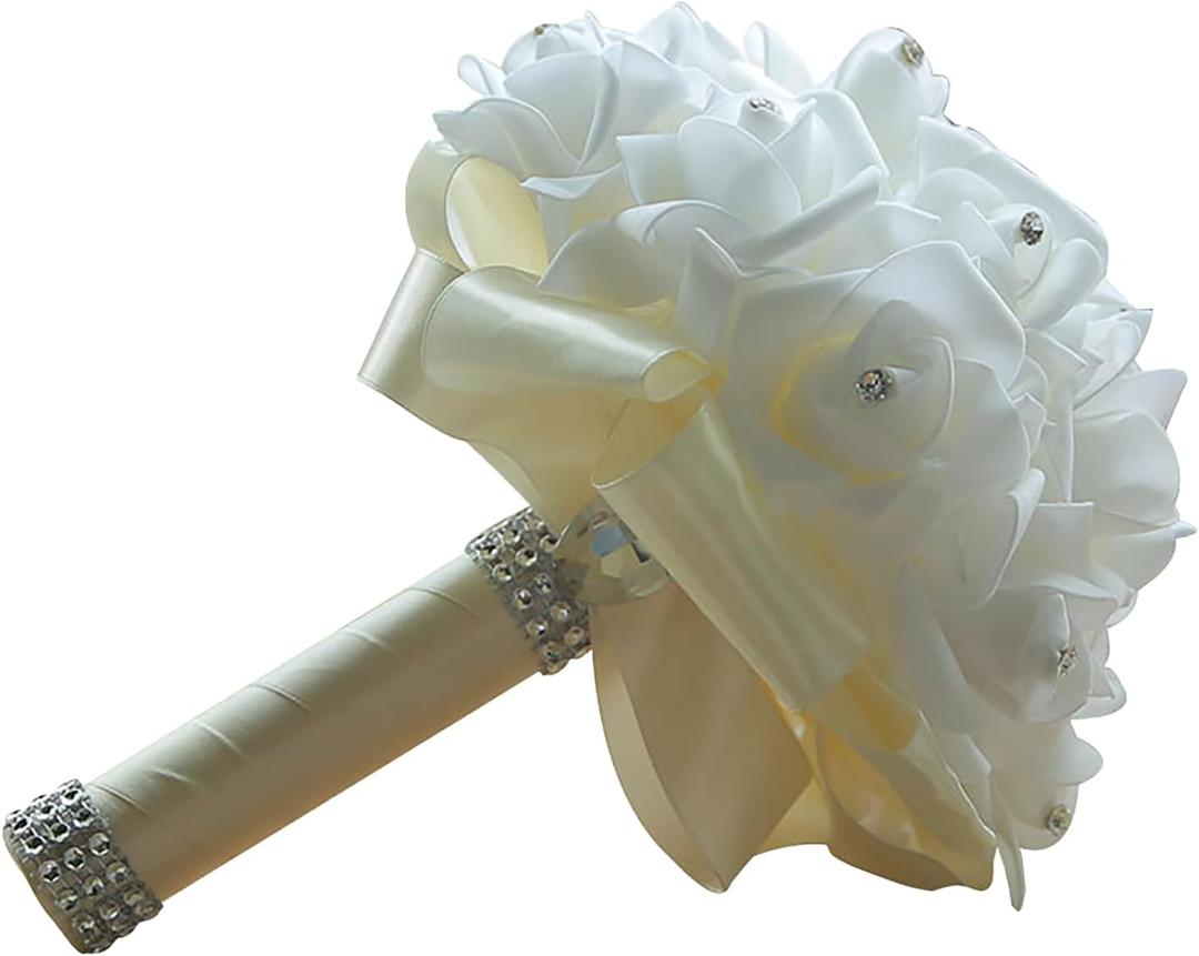 Wedding Bouquets for Bride, Wedding Bridal Bouquet Crystal Diamond Silk Roses, Bride Bridesmaid Wedding Hand Roses Bouquet Artificial Flowers Bouquet for Wedding Churches Parties (Beige)