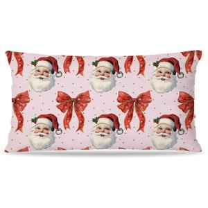 Coquette Pink and Red Christmas Bow Santa Pillow Covers 12x20 Double-Sided, Preppy Christmas Decor, Winter Holiday Stripes Decorative Pillow Covers for Home Bedroom Living Room