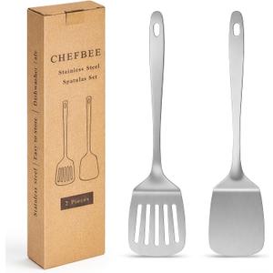 ChefBee 2PCS Metal Spatula Set - Stainless Steel Spatula Solid & Slotted Turner Flipper for Kitchen Use, Heat Resistant Kitchen Cooking Utensils for Flipping Fish, Eggs, Pancakes, Dishwasher Safe (13.2in)