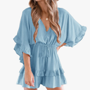 Valphsio Womens V Neck Beach Romper Ruffle Layered Drawstring Waisted Shorts Jumpsuit, M