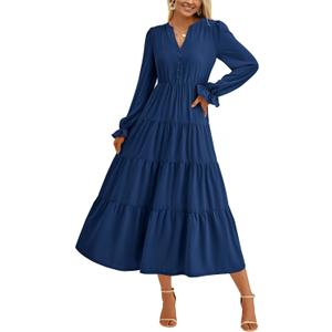 PRETTYGARDEN Long Sleeve Dress for Women Fall V Neck Tiered A Line Spring Elegant Modest Flowy Wedding Guest Maxi Dresses L