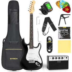 STRICH Electric Guitar Beginner Kit, Solid Body 39" Full Size Electric Guitar SSS Pick Up for Starter, with 5W x 2 Amp, Bag, Digital Tuner, Capo, Strap, String,Cable, Picks, SST-S10 Black STRICH Electric Guitar Beginner Kit, Solid Body 39" Full Size Electric Guitar SSS Pick Up for Starter, with 5W x 2 Amp, Bag, Digital Tuner, Capo, Strap, String,Cable, Picks, SST-S10 Black