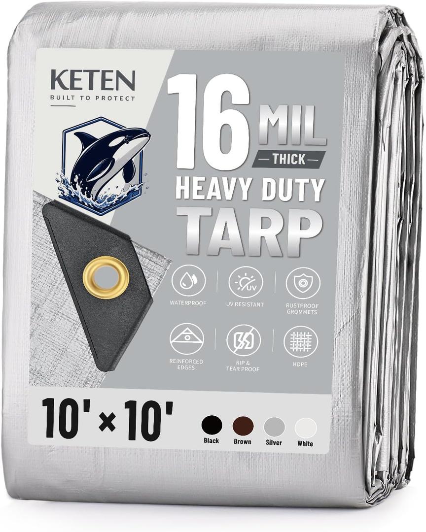 Keten Tarps Heavy Duty Waterproof 10x10 Feet, Extra Thick 16 Mil, Tear & Fade Resistant, UV Blocking, Outdoor Tarp with Reinforced Grommets for Roof, Camping, Patio, Pool, Boat (Silver)