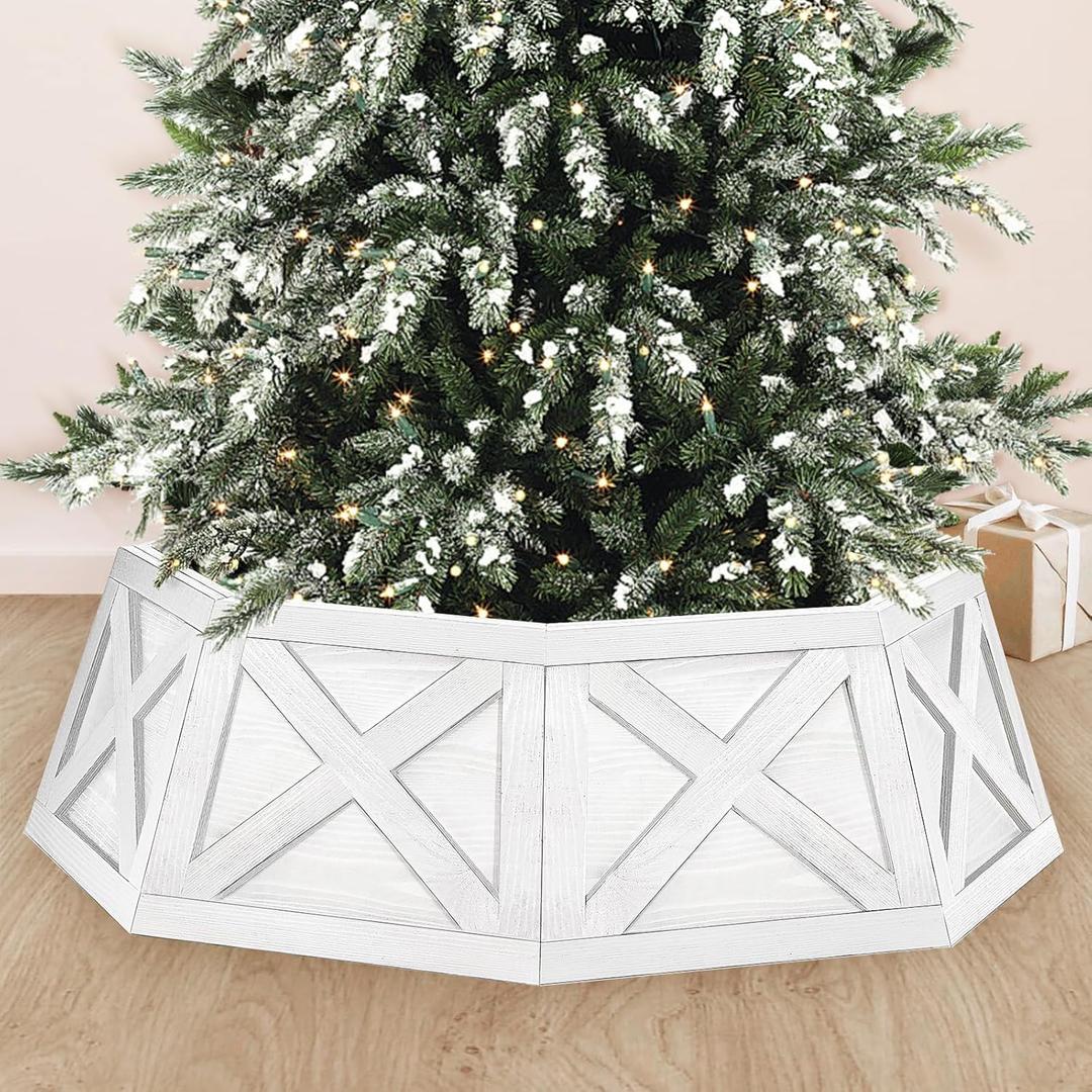 Wooden Christmas Tree Collar, 8 Panels 29'' Octagon White Christmas Tree Base Cover Decor for Artificial Tree, Rustic Farmhouse Trapezoid Tree Skirt Alternative for 4-7.5 ft Trees