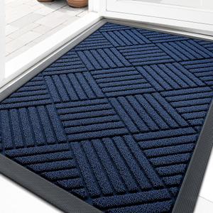 OLANLY Front Door Mat Outside Entrance 29.5x17, Absorbent, Heavy Duty Sturdy Natural Rubber Doormat Indoor Outdoor, Stain Fade Resistant, Non-Slip Low Profile Floor Mat for Entryway, Navy Blue Diamond