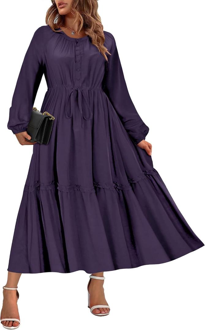 TIYOMI Women's Plus Size Fall Maxi Dresses 2025 Casual V Neck Button Drawstring Long Sleeve A Line Floral Boho Dress Pockets (XXL)