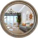 Rustic Round 24 Inch Wood Wall Circle Mirror with Beads, Decorative Farmhouse Mirror for Living Room, Bedroom, Kitchen, Entryway (Natural)