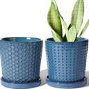 LE TAUCI Ceramic Pots for Plants, 5.5 Inch Plant Pots with Drainage and Saucer, Indoor Plant Pots for Succulents, Snake Plants, Cactus, and More, Set of 2, Reactive Glaze Blue