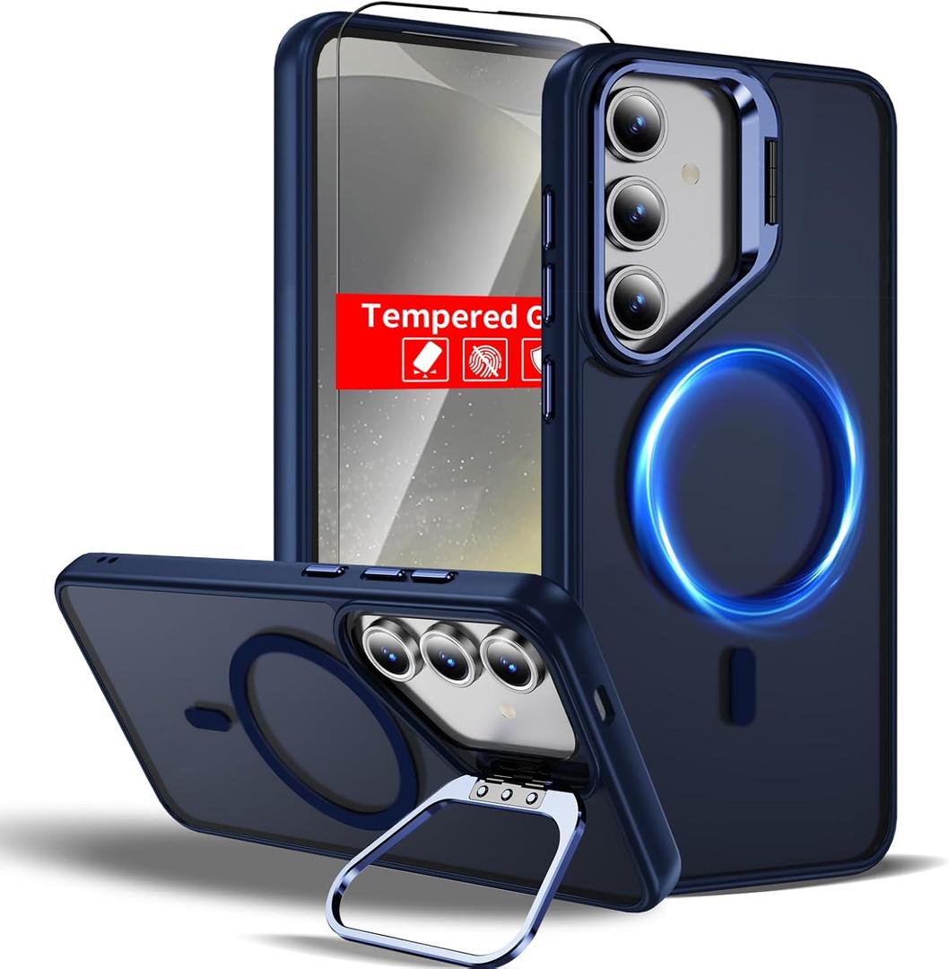 Samsung Galaxy S24 Plus Case Magnetic Compatible with MagSafe Support Wireless Charger,Built-in Camera Cover Kickstand+with Screen Protector,Military Grade Full Phone Protection Grey Blue