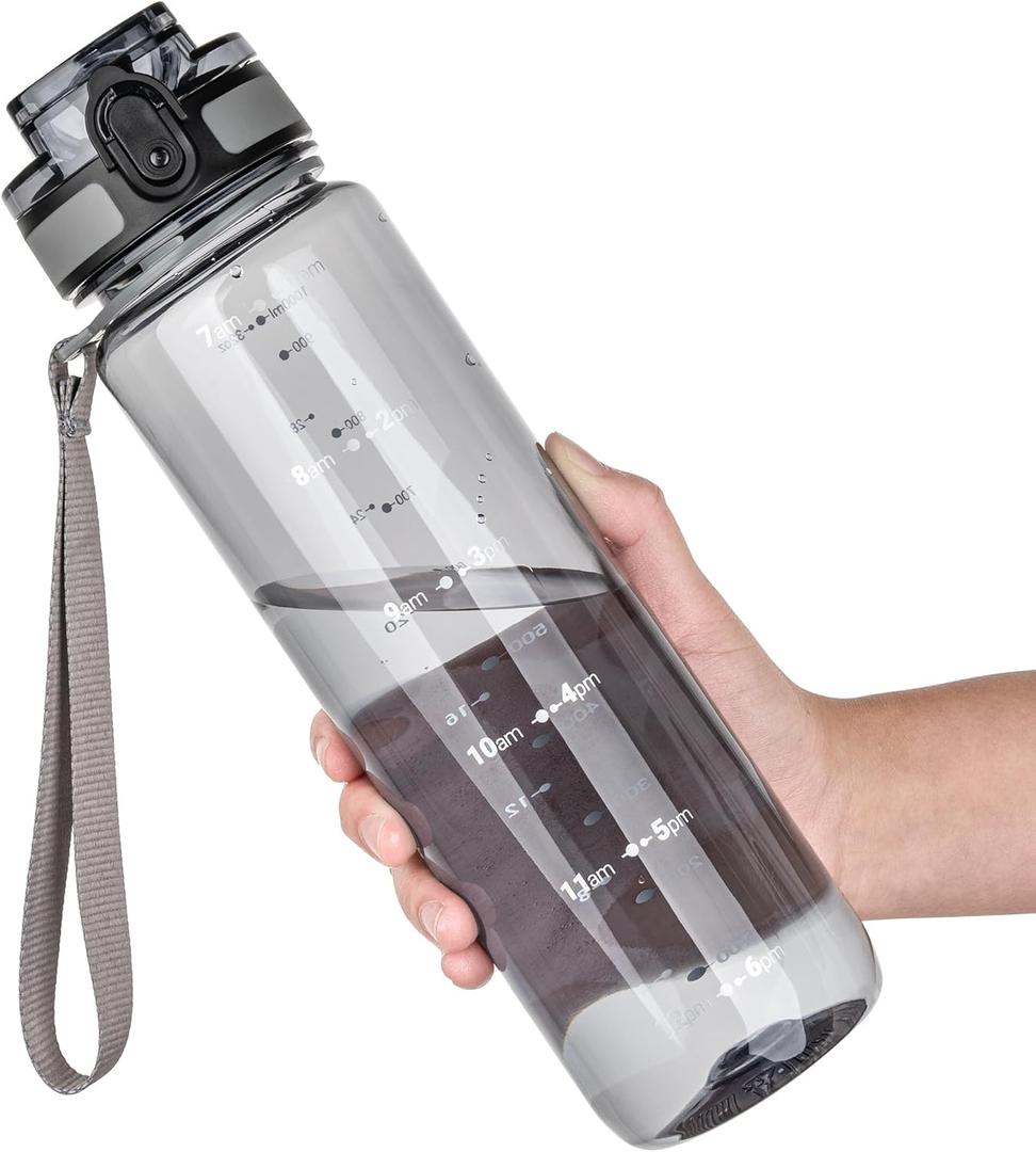 OLDLEY 32 oz Water Bottle, Motivational Water Bottle with Time Marker, Sports Water Bottle With Strap, Leakproof & BPA Free Large Water Bottles for School, Gym,Outdoor, Tritan, Transparent-Gray (32 Ounces, B-Transparent-Gray)