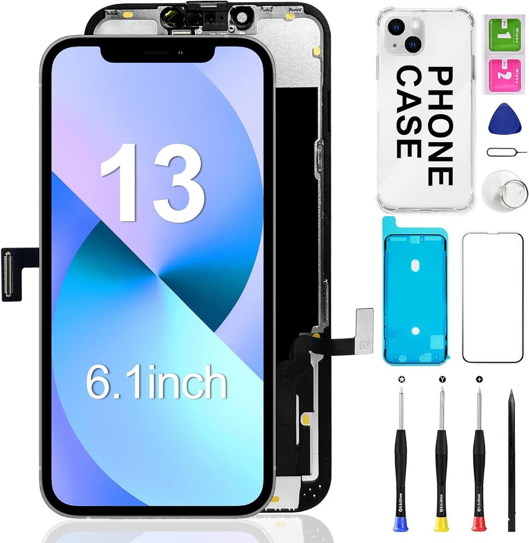 for iPhone 13 Screen Replacement 6.1 inch, 3D Touch LCD Screen Display Digitizer Frame Assembly Repair Kit with Phone Case+Waterproof Seal+Repair Tools - Model A2482, A2631, A2633, A2634, A2635