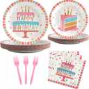 96Pcs Birthday Plates and Napkins Party Supplies, Pink Happy Birthday Cake Theme Party Paper Plates and Napkins Sets for Kids, Serve for 24 Guests, Striped Edge