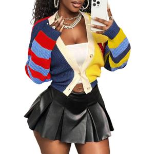 SHENHE Women's Color Block Knit Cardigan Open Front Button Down V Neck Cropped Sweater Knitwear Small