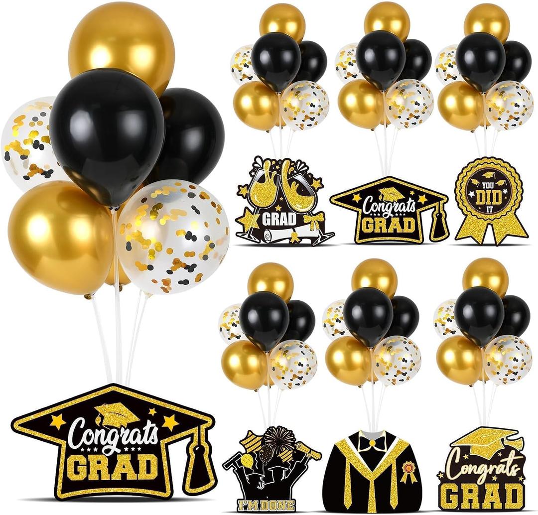 6 Sets Black Gold Graduation Balloon Stand Kit for Table Decorations Class of 2025 Congrats Grad Table Centerpiece Grad Prom Themed Decoration for Grad School & College Ceremonies Party Supplies