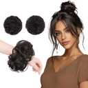 FESHFEN 2PCs Small Messy Bun Hair Piece for Thin Hair Women Girl Mini Synthetic Elastic Wavy Space-bun Scrunchies Updo Hairpieces, Brown Black